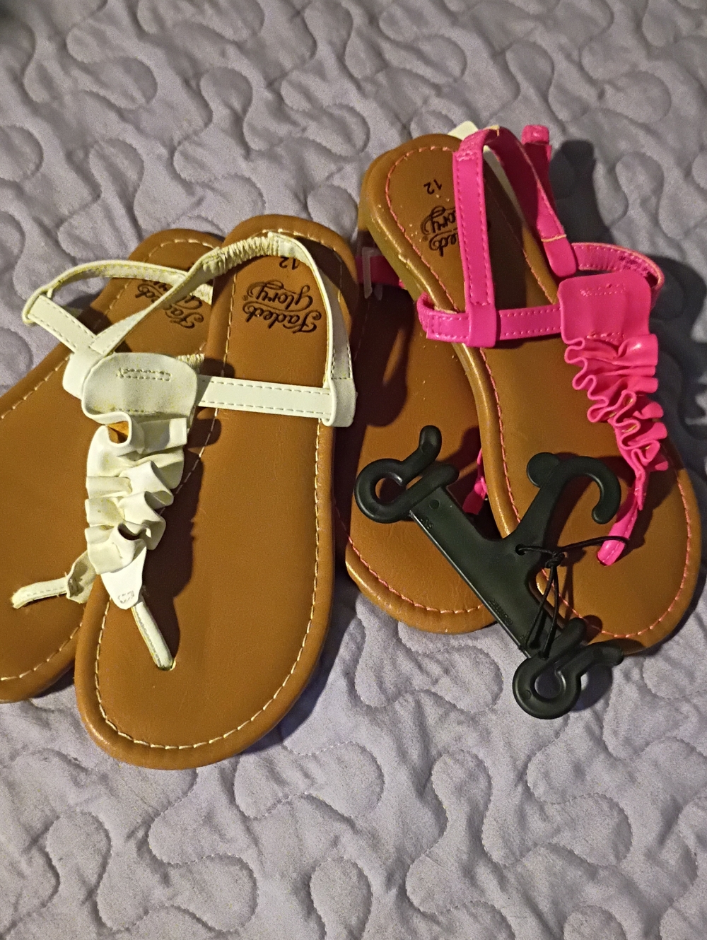 Size12 Girls Faded Glory Ruffle T-Strap Sandals - White & Hot Pink
